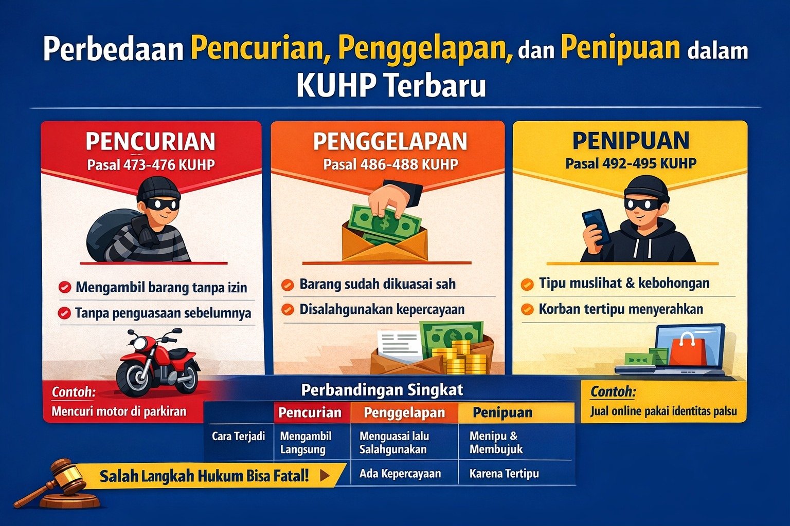 Perbedaan Pencurian, Penggelapan, dan Penipuan dalam KUHP Terbaru