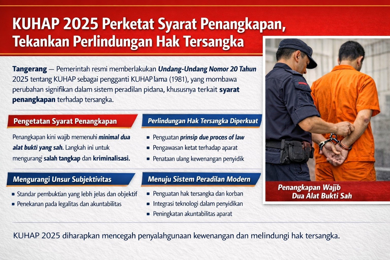 KUHAP 2025 Perketat Syarat Penangkapan, Tekankan Perlindungan Hak Tersangka